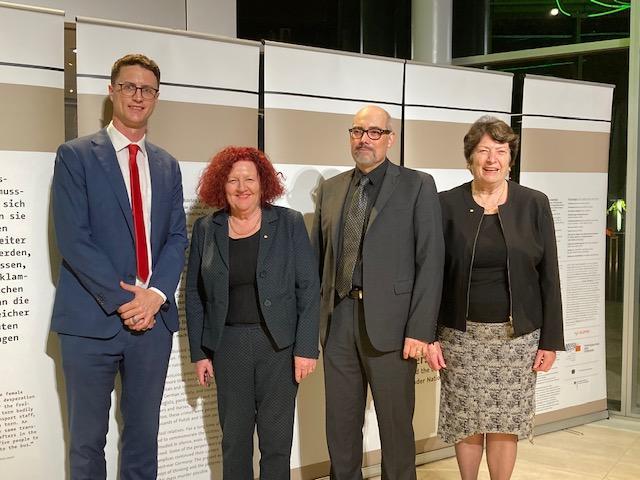 Pictured at the exhibition launch are Member for Aspley Bart Mellish, Board of Queensland Museum chair Professor Margaret Shiel, exhibition convenor Dr Darren O’Brien and TJ Ryan Foundation president Dr Mary Crawford.