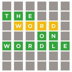 A grid of grey, green and yellow squares that read 'The word on Wordle'.