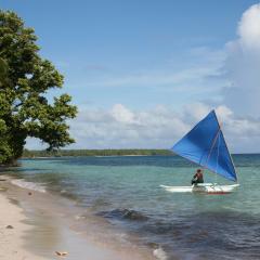 A person in a small canoe sitting in shallow water off a sandy beach with dense trees.