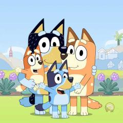 An illustrated image from 'Bluey' depicting the The Heeler family in Brisbane.