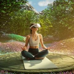 Young woman wearing virtual reality headset, practising meditation in her living room. Her consciousness is transformed into beautiful peaceful forest.