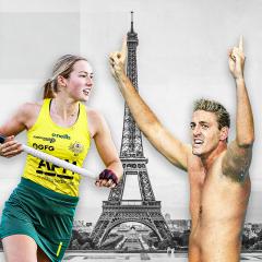 Etched images of UQ hockey Club star and Hockeyroos Claire Colwill and multiple Paralympic gold medallist and UQ alum Brenden Hall overlaid on an image of the Paris skyline.