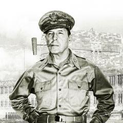 an image collage of US Army General Douglas MacArthur in front of the Forgan Smith building at UQ's St Lucia campus.