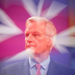 An image of Michel Barnier with the Union Jack flag in the background.