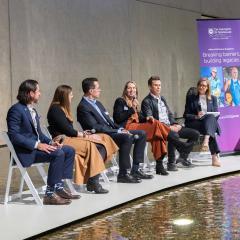 Brisbane 2032 Organising Committee Director Brett Clark AM, UQ clinical exercise physiologist Emma Beckman, Olympic gold medallist Kieren Perkins OAM, Olympic volleyballer Anita Palm and 7-time Tour de France-winning coach Tim Kerrison chat with journalist Jillian Whiting at the launch of UQ's Office of 2032 Games Engagement.