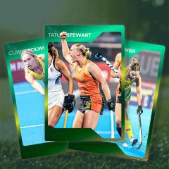 An image of three UQ Hockey Club players Tatum Stewart, Rebecca Greiner and Claire Colwill. The images are designed to look like athlete player cards and the headline says: Three of a kind.