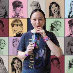 Emma sipping out of a Taylor Swift drink bottle. Behind her is a collage of images of Taylor Swift.