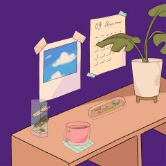 Illustrated desk scene on a purple background
