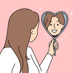 An illustration of a woman looking into a mirror. The reflection is of a man her looks similar to her.