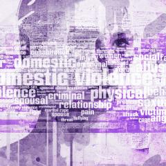A collage depicting gendered and domestic violence. Collage includes image of a woman's face with graphics and domestic violence word cloud concept.
