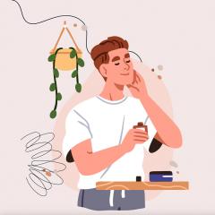 An illustration of a man applying lotion to his face.