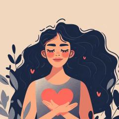 An illustration of a woman with her hand on her kind heart, feeling love, bliss and harmony.