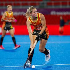 An image of UQ student Claire Colwill in action for the Hockeyroos during the FIH Hockey Women's World Cup in Spain.
