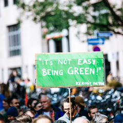 A crowd of people and one is holding a sign that reads ' it's not east being greem'