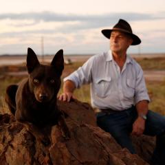 An image of UQ graduate and veterinarian Dr Rick Fenny sitting in the outback with red kelpie dog.