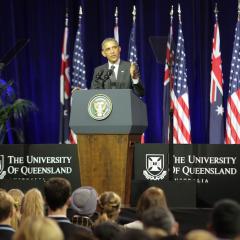 An image of US President Barack Obama taking time out from the G20 Leaders’ Summit in Brisbane to speak to an audience at UQ St Lucia, November 2014
