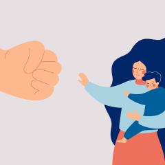 An illustration of a mother protecting her child from a fist. 