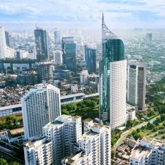 Aerial view of skyscrapers in Jakarta, Indonesia. 