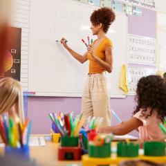 Female teacher standing at whiteboard in classroom teaching a maths lessons to primary school students.