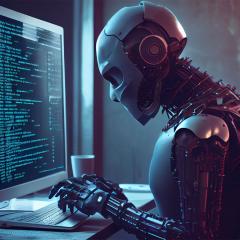 An image of a robot typing at a computer