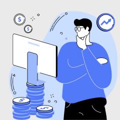 A cartoon illustration of a man looking at a computer screen with dollar and stock market icons.