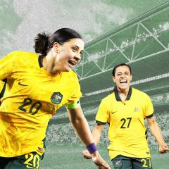 An image of Matildas players Sam Kerr and Alex Chidiac celebrating after a goal.