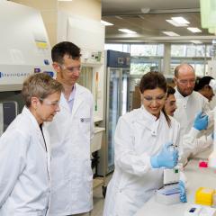 Six scientists using equipment at a desk in a laboratory