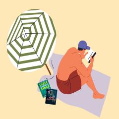 Illustration of a man on a beach under an umbrella reading books.