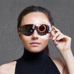 An image of a woman wearing AI glasses.