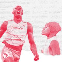 Images of Olympic sprint champion Usain Bolt celebrating a gold medal and Australian 400-metre champion Cathy Freeman before her gold-medal race at the Sydney Olympics. The images are overlaid on a background depicting newspaper columns.