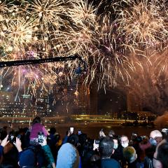 An image of fireworks during celebrations at South Bank after Brisbane was announced as the hosts of the 2032 Olympic Games.