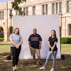 An image of UQ students Olivia, Cameron and Appolonia