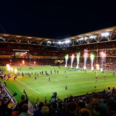 An image of fireworks before an NRL match at Suncorp Stadium in Brisbane.
