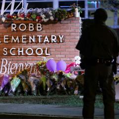 Texas state troopers outside Robb Elementary School, where 19 students and one teacher were killed during a mass shooting in on 25 May. 