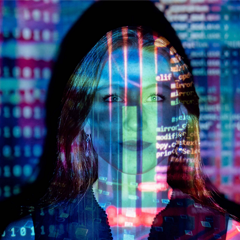 woman's face with coloured lights shining on it