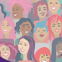 Graphic of colourful faces with UQ purple swish in the corner
