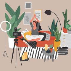 An illustration of a TikTok influencer talking to her camera while performing yoga in her bedroom.