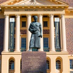 An image of a sculpture of Hippocrates at UQ's Herston campus.