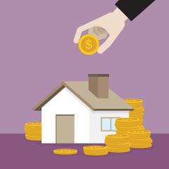 An illustration of a house surrounded by piles of coins, with a hand placing a coin into the house