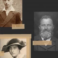 Three portraits from the exhibition in sepia and black and white.